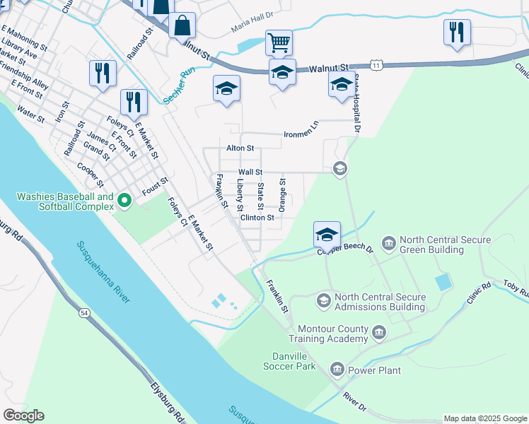 map of restaurants, bars, coffee shops, grocery stores, and more near 632 State Street in Danville
