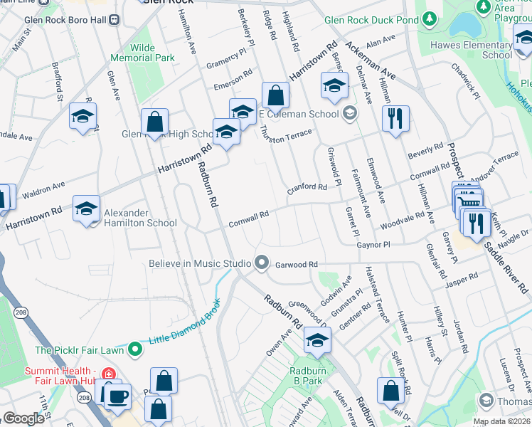 map of restaurants, bars, coffee shops, grocery stores, and more near 268 Cornwall Road in Glen Rock