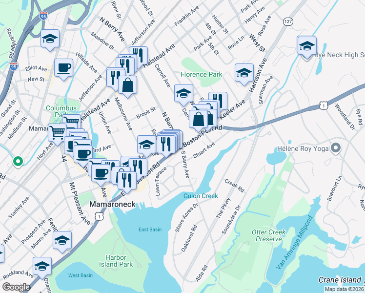 map of restaurants, bars, coffee shops, grocery stores, and more near E Boston Post Rd & S Barry Ave in Mamaroneck
