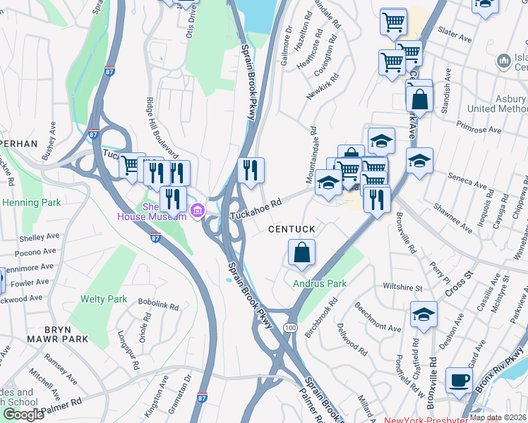 map of restaurants, bars, coffee shops, grocery stores, and more near in Yonkers