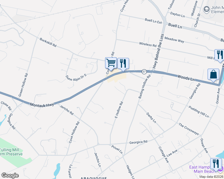 map of restaurants, bars, coffee shops, grocery stores, and more near 75 Montauk Highway in East Hampton