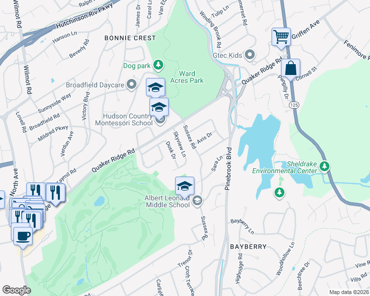 map of restaurants, bars, coffee shops, grocery stores, and more near 6 Avis Drive in New Rochelle