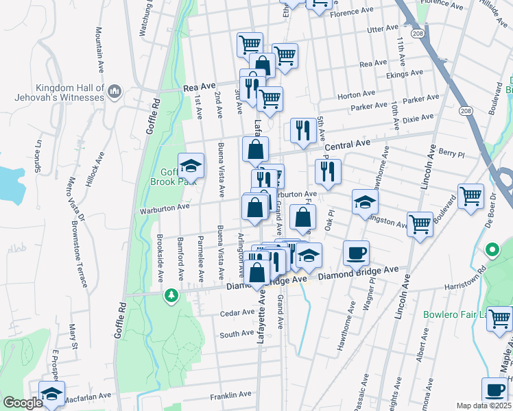 map of restaurants, bars, coffee shops, grocery stores, and more near in Hawthorne