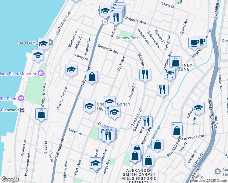 map of restaurants, bars, coffee shops, grocery stores, and more near 40 Belmont Terrace in Yonkers