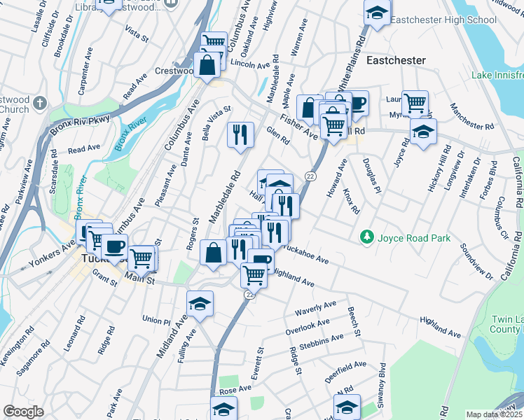 map of restaurants, bars, coffee shops, grocery stores, and more near 32 Hall Avenue in Eastchester