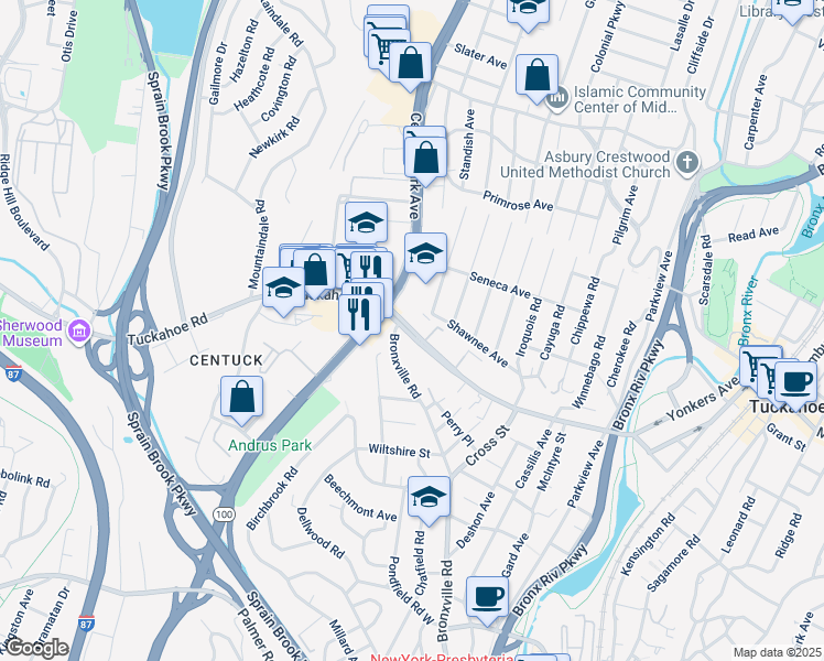 map of restaurants, bars, coffee shops, grocery stores, and more near 707 Tuckahoe Road in Yonkers