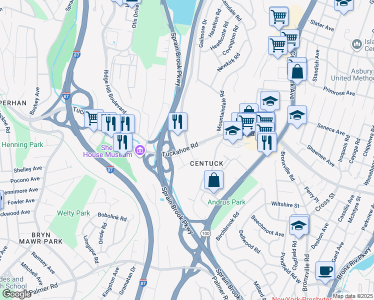 map of restaurants, bars, coffee shops, grocery stores, and more near in Yonkers