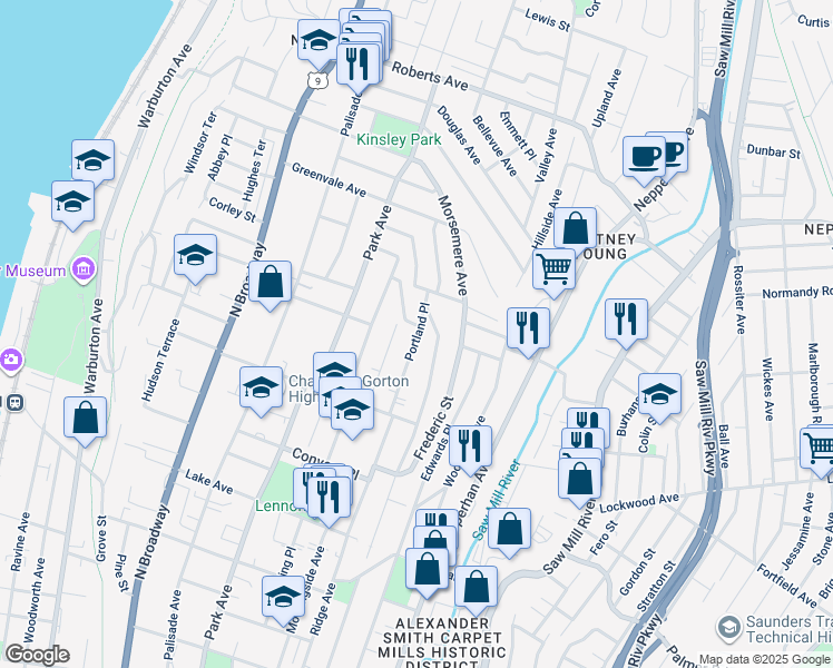 map of restaurants, bars, coffee shops, grocery stores, and more near 8 Eastview Avenue in Yonkers