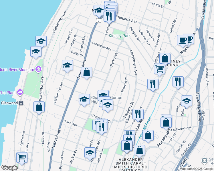 map of restaurants, bars, coffee shops, grocery stores, and more near 40 Belmont Terrace in Yonkers