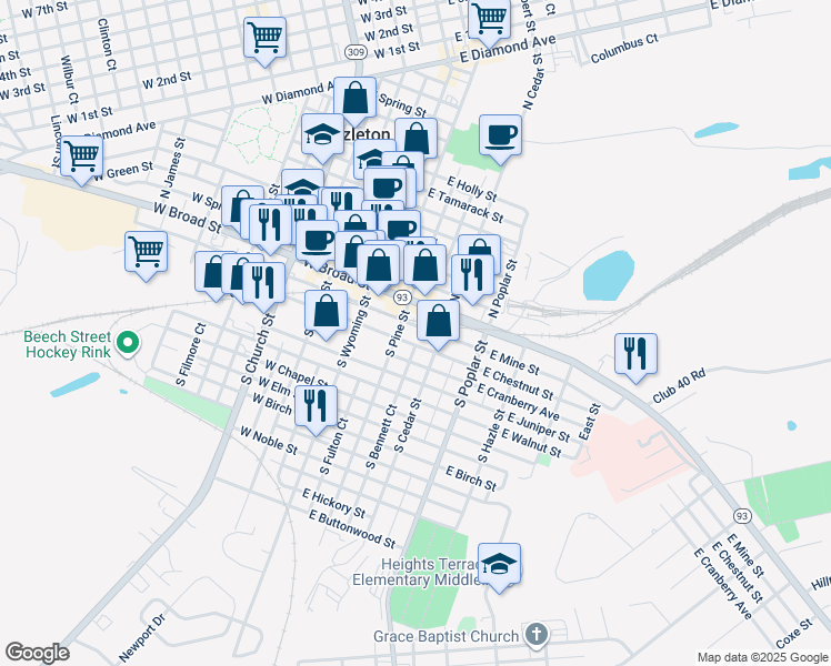 map of restaurants, bars, coffee shops, grocery stores, and more near 116 East Broad Street in Hazleton
