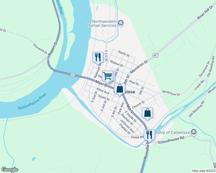 map of restaurants, bars, coffee shops, grocery stores, and more near 223 Main Street in Catawissa
