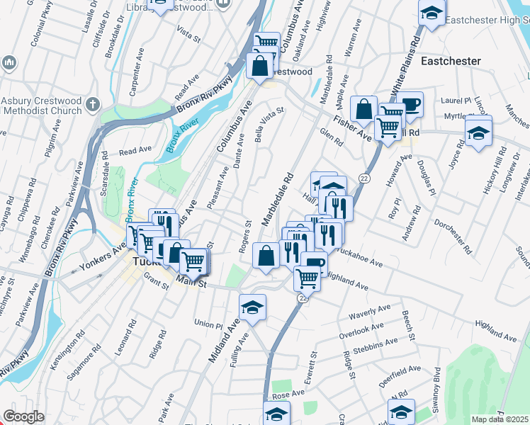 map of restaurants, bars, coffee shops, grocery stores, and more near 109 Marbledale Road in Tuckahoe
