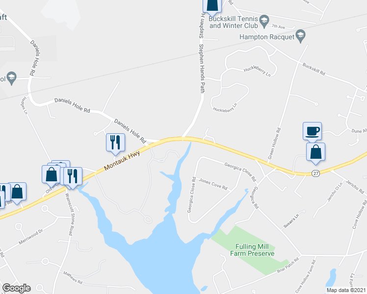 map of restaurants, bars, coffee shops, grocery stores, and more near 249 Montauk Highway in East Hampton