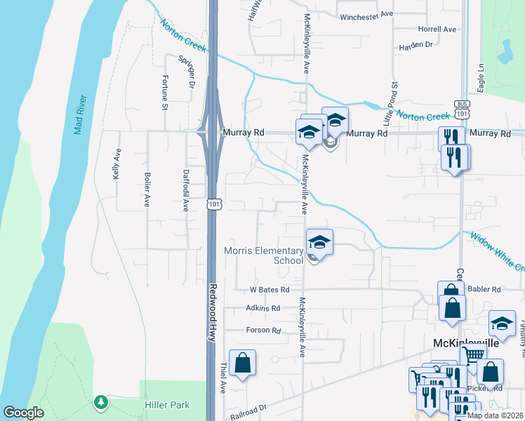 map of restaurants, bars, coffee shops, grocery stores, and more near 1101 Swantado Court in McKinleyville