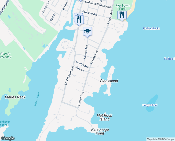 map of restaurants, bars, coffee shops, grocery stores, and more near 11 Overhill Avenue in Rye