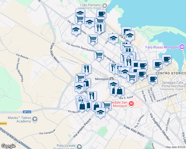 map of restaurants, bars, coffee shops, grocery stores, and more near 29 Via Giacinto Antonelli in Monopoli