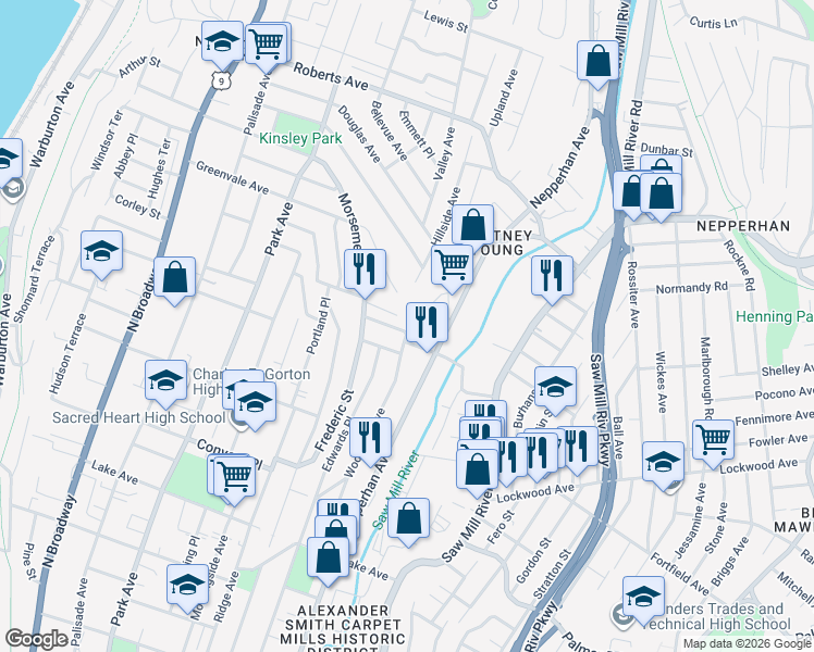 map of restaurants, bars, coffee shops, grocery stores, and more near 117 Morsemere Terrace in Yonkers