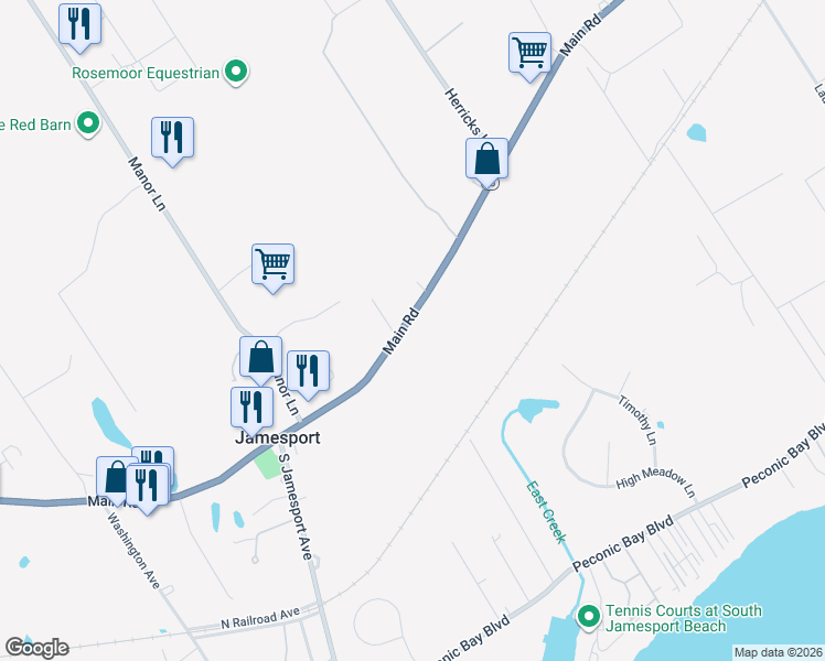 map of restaurants, bars, coffee shops, grocery stores, and more near 1739 Main Road in Laurel