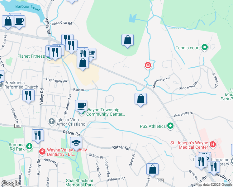 map of restaurants, bars, coffee shops, grocery stores, and more near 814 4 Seasons Drive in Wayne