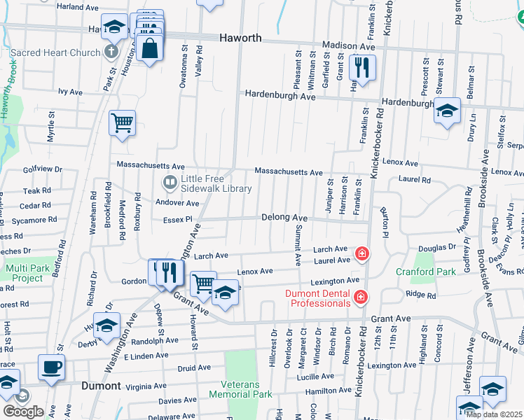 map of restaurants, bars, coffee shops, grocery stores, and more near 58 Harding Avenue in Dumont