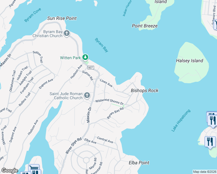 map of restaurants, bars, coffee shops, grocery stores, and more near 30 Lines Avenue in Hopatcong