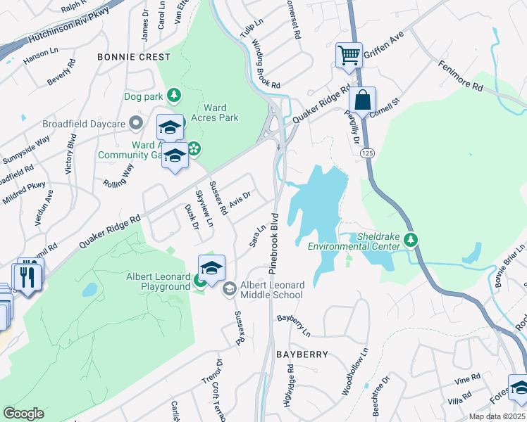 map of restaurants, bars, coffee shops, grocery stores, and more near 620 Pinebrook Boulevard in New Rochelle