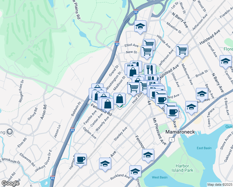 map of restaurants, bars, coffee shops, grocery stores, and more near 238 Madison Street in Mamaroneck