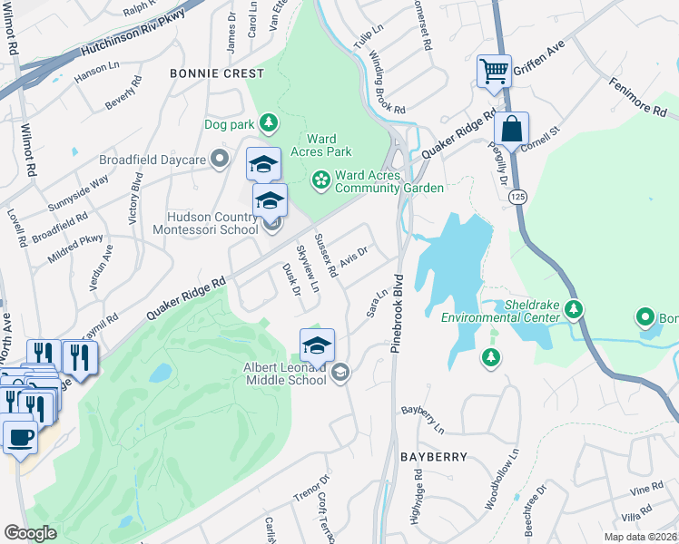 map of restaurants, bars, coffee shops, grocery stores, and more near 6 Avis Drive in New Rochelle