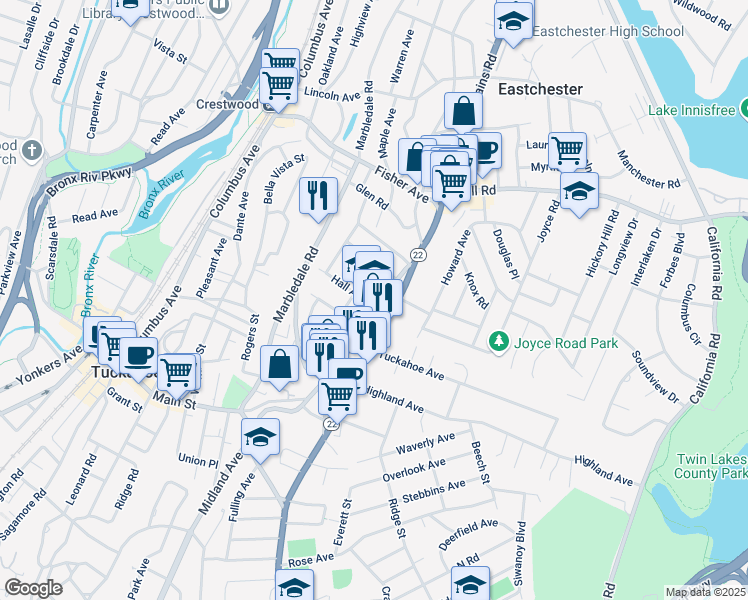 map of restaurants, bars, coffee shops, grocery stores, and more near 297 Main Street in Eastchester