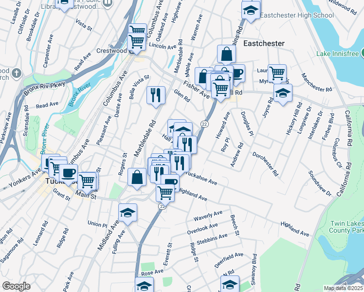 map of restaurants, bars, coffee shops, grocery stores, and more near 297 Main Street in Eastchester