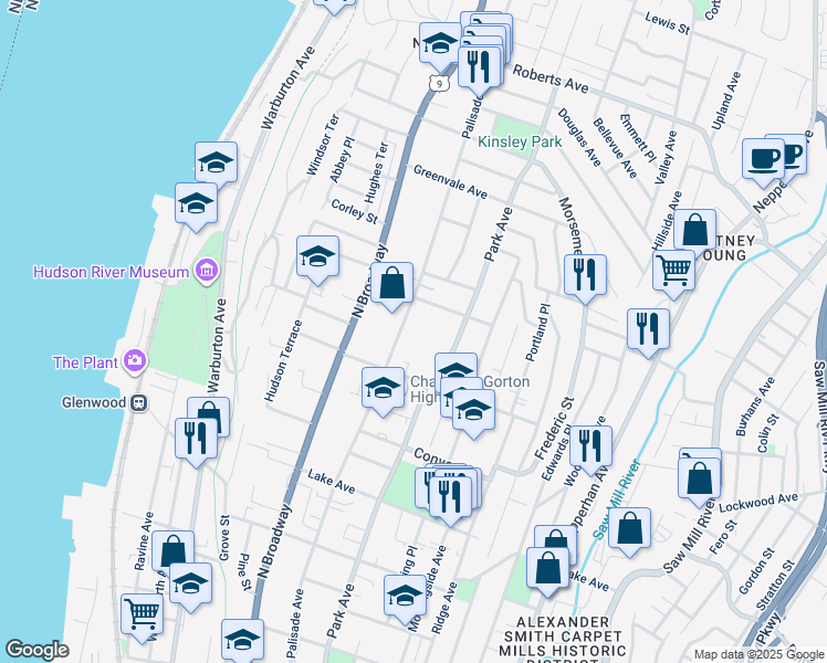 map of restaurants, bars, coffee shops, grocery stores, and more near 578 Palisade Avenue in Yonkers
