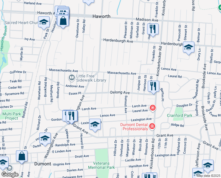 map of restaurants, bars, coffee shops, grocery stores, and more near 58 Harding Avenue in Dumont
