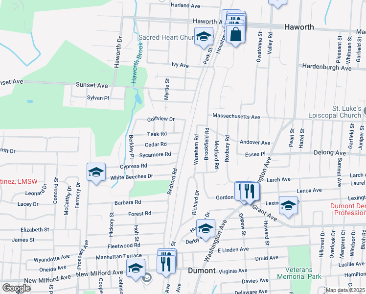 map of restaurants, bars, coffee shops, grocery stores, and more near 247 Bedford Road in Dumont