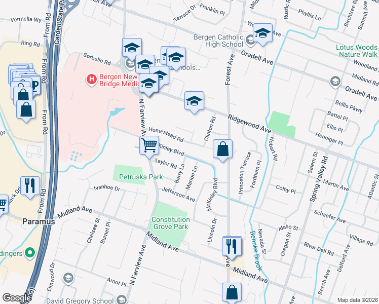map of restaurants, bars, coffee shops, grocery stores, and more near 230 Homestead Road in Paramus