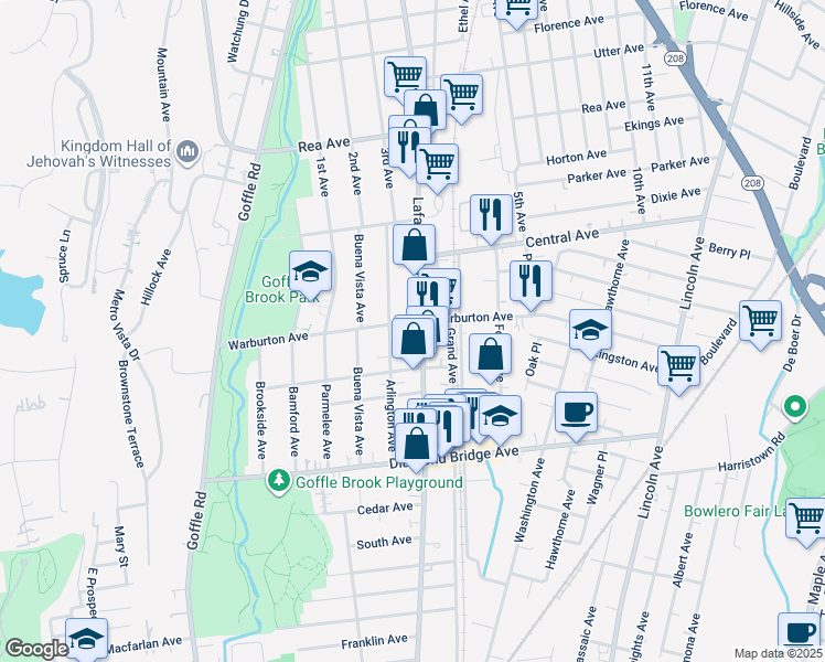 map of restaurants, bars, coffee shops, grocery stores, and more near in Hawthorne