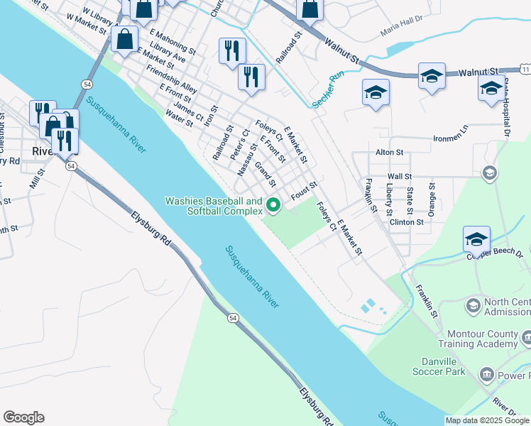 map of restaurants, bars, coffee shops, grocery stores, and more near 212-304 Cooper Street in Danville