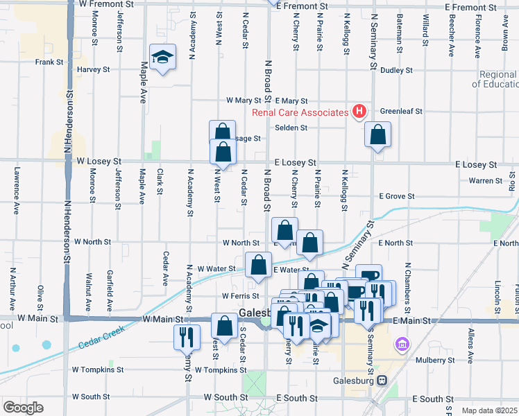 map of restaurants, bars, coffee shops, grocery stores, and more near 481 North Cedar Street in Galesburg