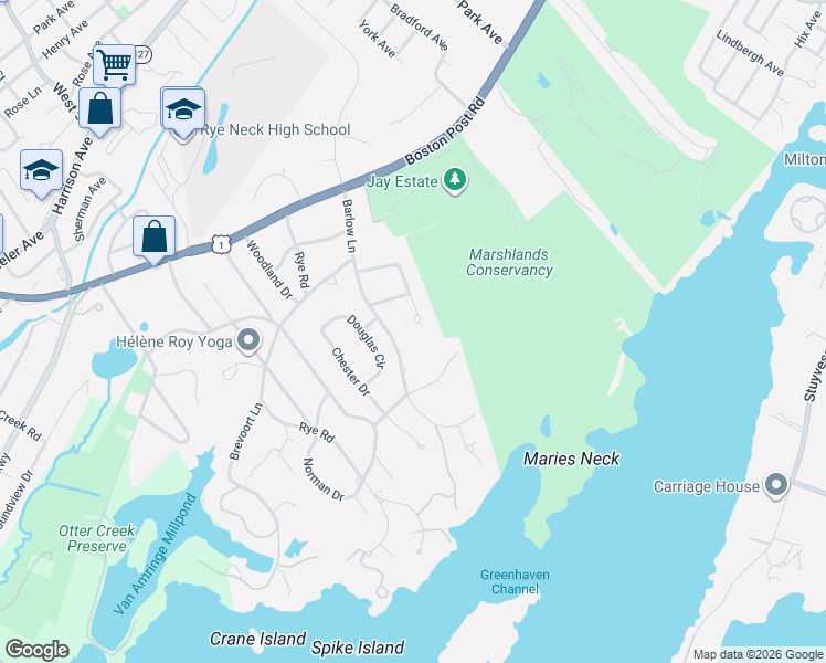 map of restaurants, bars, coffee shops, grocery stores, and more near 14 John Jay Place in Rye