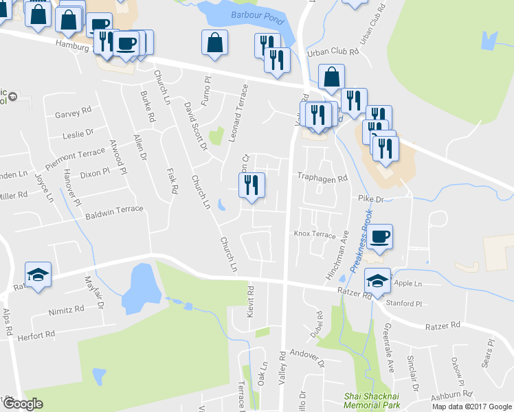 map of restaurants, bars, coffee shops, grocery stores, and more near 5 Salisbury Road in Wayne