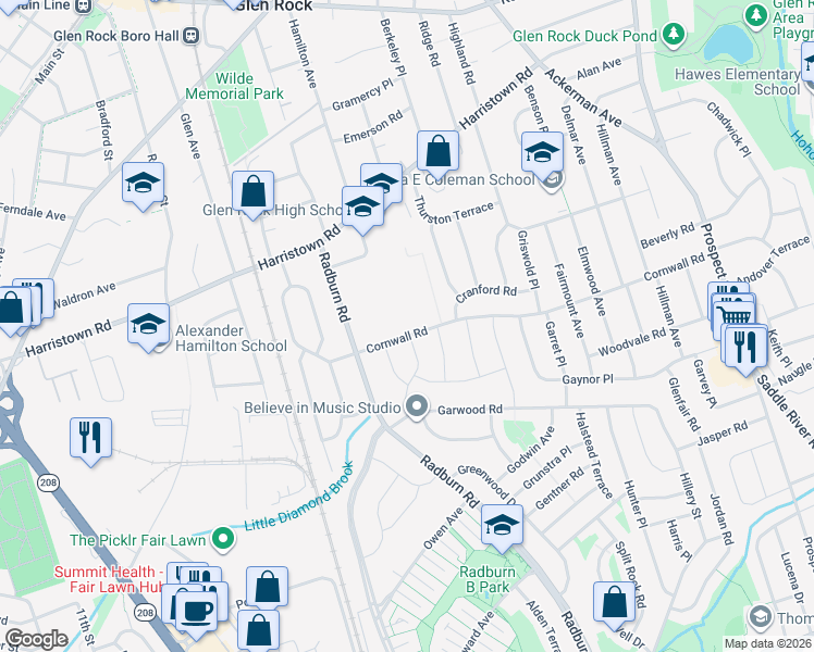 map of restaurants, bars, coffee shops, grocery stores, and more near 268 Cornwall Road in Glen Rock