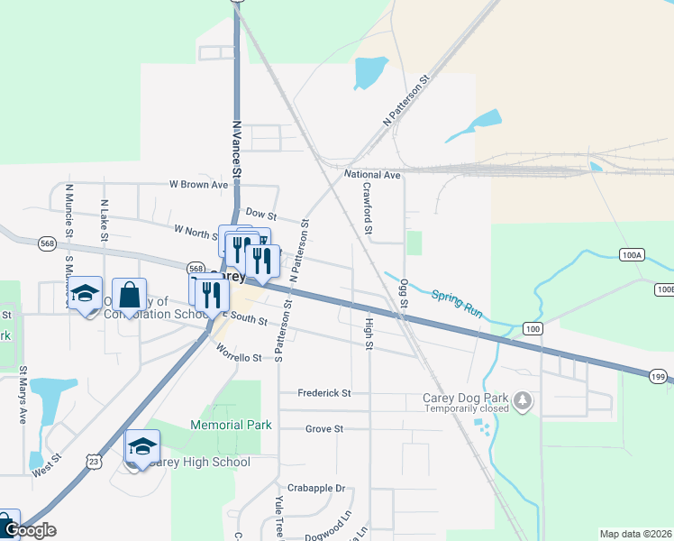 map of restaurants, bars, coffee shops, grocery stores, and more near 300-350 East North Street in Carey