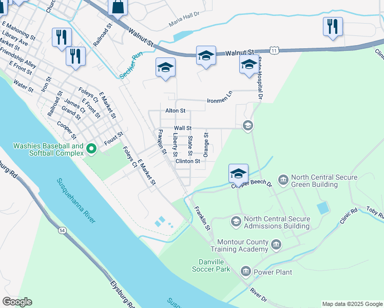 map of restaurants, bars, coffee shops, grocery stores, and more near 632 State Street in Danville