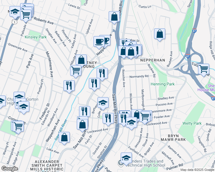 map of restaurants, bars, coffee shops, grocery stores, and more near 19 Lane Street in Yonkers