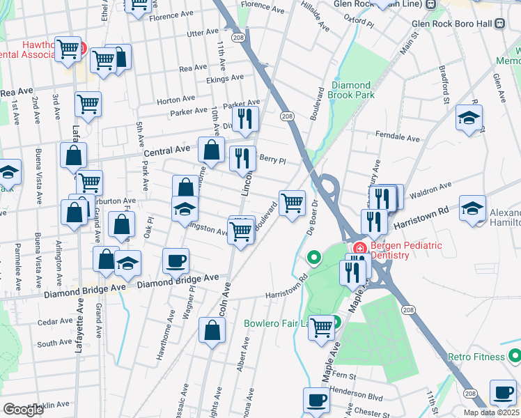 map of restaurants, bars, coffee shops, grocery stores, and more near 348 Boulevard in Glen Rock