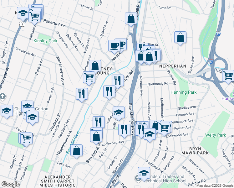 map of restaurants, bars, coffee shops, grocery stores, and more near 19 Lane Street in Yonkers
