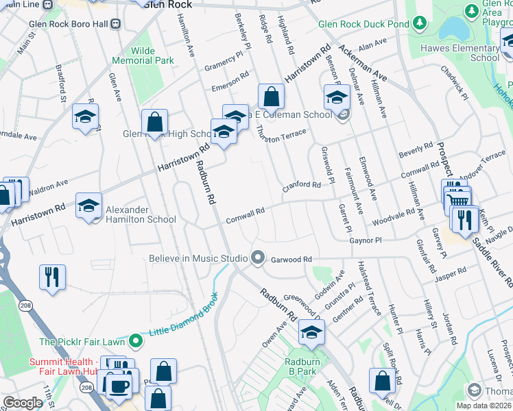 map of restaurants, bars, coffee shops, grocery stores, and more near 268 Cornwall Road in Glen Rock