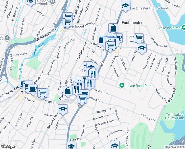 map of restaurants, bars, coffee shops, grocery stores, and more near 295 Main Street in Eastchester