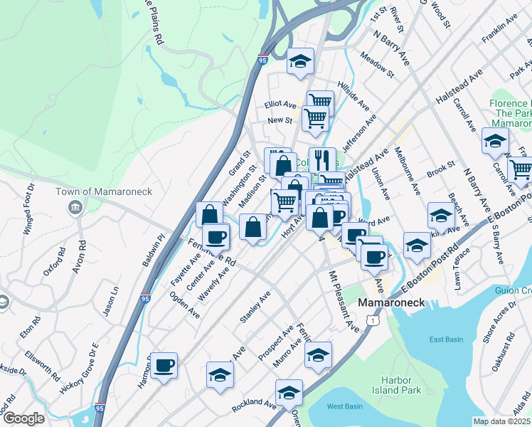 map of restaurants, bars, coffee shops, grocery stores, and more near 203 Waverly Avenue in Mamaroneck