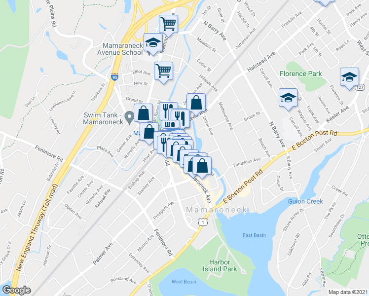 map of restaurants, bars, coffee shops, grocery stores, and more near 410 Ward Avenue in Mamaroneck