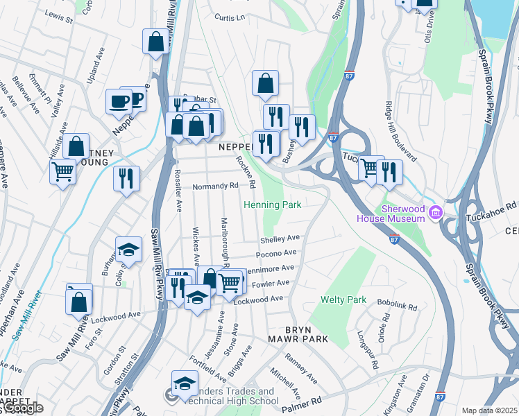 map of restaurants, bars, coffee shops, grocery stores, and more near 196 Rockne Road in Yonkers
